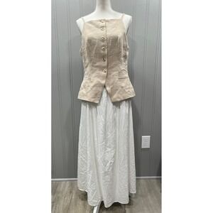 Vintage Two Piece Beige Textured Button Front Peplum Top Maxi Skirt Set